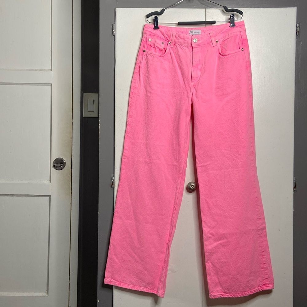 Zara Womens The Boogie Super Wide Leg Jeans 8 Neon Pink High Rise Barbiecore